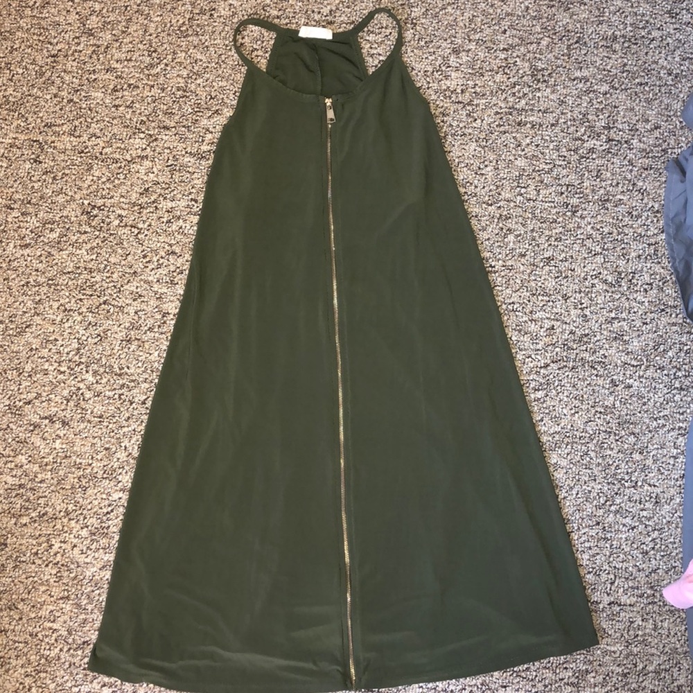Army green dress with gold zipper down the middle